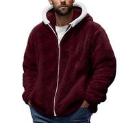 Generisch Giacca di peluche da uomo, calda, in pile, invernale, con fodera in orsacchiotto, in tinta unita, con cappuccio, per le mezze stagioni, con chiusura lampo, Colore: rosso, XL