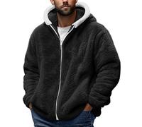 Generisch Giacca di peluche da uomo, calda, in pile, invernale, con fodera in orsacchiotto, in tinta unita, con cappuccio, per le mezze stagioni, con chiusura lampo, Nero , XL