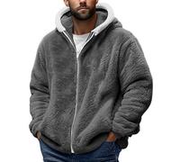 Generisch Giacca di peluche da uomo, calda, in pile, invernale, con fodera in orsacchiotto, in tinta unita, con cappuccio, per le mezze stagioni, con chiusura lampo, grigio., 3XL