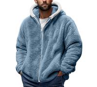 Generisch Giacca di peluche da uomo, calda, in pile, invernale, con fodera in orsacchiotto, in tinta unita, con cappuccio, per le mezze stagioni, con chiusura lampo, Blu, XXL