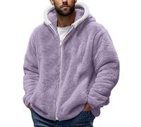 Generisch Giacca di peluche da uomo, calda, in pile, invernale, con fodera in orsacchiotto, in tinta unita, con cappuccio, per le mezze stagioni, con chiusura lampo, viola., L