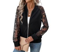 Generisch Giacca donna elegante manica lunga patchwork giacca ampia pizzo floreale trasparente zip giacca trendy