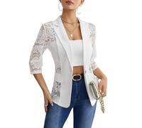 Generisch Giacca Donna Elegante Rever Manica 3/4 Capospalla Colore Solido Patchwork Abbottonata Pizzo Trasparente Blazer