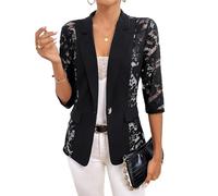 Generisch Giacca Donna Elegante Rever Manica 3/4 Capospalla Colore Solido Patchwork Abbottonata Pizzo Trasparente Blazer