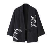 Generisch Giacca estiva da uomo alla moda, giacca kimono, stile giapponese, giacca Flying Crane Seven Sleeves Open Front Coat Haori Cardigan Lunsig Maniche corte Camicie Camicie Baggy Tops, Nero , M