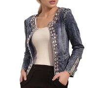 Generisch Giacca in denim da donna cropped Rhinestones Jean Blazer Coat a maniche lunghe, slim fit, giacca corta da donna, Blu, S