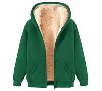 Generisch Giacca in pile da donna con cappuccio, calda giacca invernale Plush, tinta unita, con chiusura lampo, in pile Teddy, elegante bomber invernale, sportiva, a maniche lunghe, verde, M