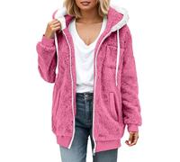 Generisch Giacca in pile da donna, con cerniera, morbida, per autunno e inverno, in pile, con tasche, giacca invernale Teddy, tinta unita, Rosa caldo, S