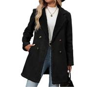 Generisch Giacca in pile da donna con fodera in sherpa, giacca lunga con colletto a risvolto, doppia fila, caldo cappotto invernale in pelliccia sintetica e pelle, Nero , XL