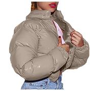 Generisch Giacca invernale da donna, cappotto ispessito, colletto alto, bella inverno, a maniche lunghe, tinta unita, doppio lato, cachi, M