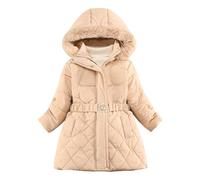 Generisch Giacca invernale da ragazza, invernale, giacca invernale Full Zip Up Puffer Giacche con cintura, Piumino lungo, tinta unita, parka 3-12 anni, cachi, 140
