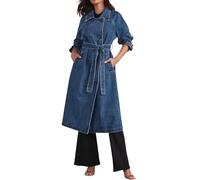 Generisch Giacca invernale impermeabile da ragazza, giacca di jeans doppiopetto, trench con cintura arcobaleno da donna, Blu, L