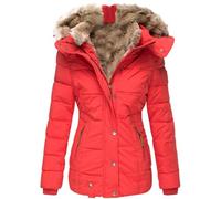 Generisch Giacca invernale in pile con cappuccio, cerniera frontale intera, foderata, antivento con colletto a bottone, per un comodo abbigliamento casual in caso di clima freddo, Colore: rosso, XXL
