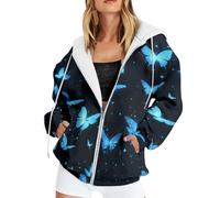Generisch Giacca leggera con cappuccio da donna con stampa a farfalla, giacca da mezza stagione con cerniera e stampa allover | Giacca a vento sportiva per un look giocoso, Stil_d01 blu, 3XL