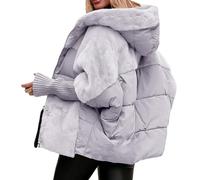 Generisch Giacca trapuntata da donna oversize con cappuccio, patchwork, imbottita, leggera e calda, abbigliamento invernale Teddy, grigio., M