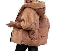 Generisch Giacca trapuntata da donna oversize con cappuccio, patchwork, imbottita, leggera e calda, abbigliamento invernale Teddy, cachi, XL