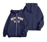 Generisch Giacca unisex oversize con cappuccio "New York Brooklyn" - Felpa casual con cerniera in stile universitario | Giacca casual Urbane con stampa posteriore, Stil_p03 blu navy, S