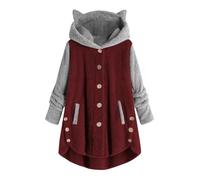 Generisch Giacche da donna taglie forti, soffice giacca in pile con bottoni e cappuccio, 2025, cappotto invernale alla moda, lungo, caldo e morbido con tasche, Rosso 2, XL