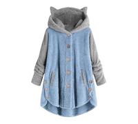 Generisch Giacche da donna taglie forti, soffice giacca in pile con bottoni e cappuccio, 2025, cappotto invernale alla moda, lungo, caldo e morbido con tasche, Blu-2, XXL