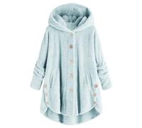 Generisch Giacche da donna taglie forti, soffice giacca in pile con bottoni e cappuccio, 2025, cappotto invernale alla moda, lungo, caldo e morbido con tasche, Blu, 4XL
