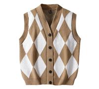 Generisch Gilet a quadri da uomo, patchwork, senza maniche, scollo a V, maglione invernale Y2K, plaid, Streetwear, O kaki, 3XL