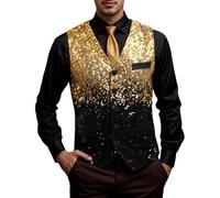 Generisch Gilet con paillette, da uomo, con brillantini, oro sfumato, lucido, senza maniche, scollo a V, per il tempo libero, business, sportivo, blazer, carnevale, feste, club, costumi da