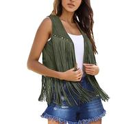 Generisch Gilet da donna con frange anni '70 hippie abbigliamento boho western senza maniche davanti aperto ecopelle abbigliamento casual donna, verde, XXL