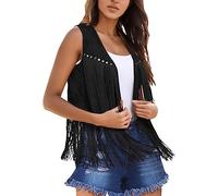 Generisch Gilet da donna con frange anni '70 hippie abbigliamento boho western senza maniche davanti aperto ecopelle abbigliamento casual donna, Nero , L