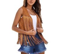 Generisch Gilet da donna con frange anni '70 hippie abbigliamento boho western senza maniche davanti aperto ecopelle abbigliamento casual donna, giallo., XL