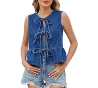 Generisch Gilet da donna per jeans, gilet estivo, senza maniche, in denim con cintura, con balze, alla moda, per il tempo libero, Blu, M