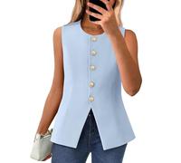Generisch Gilet da donna senza maniche, elegante, con bottoni, girocollo, business, casual, da lavoro, azzurro, s
