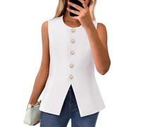 Generisch Gilet da donna senza maniche, elegante, con bottoni, girocollo, business, casual, da lavoro, bianco, XS