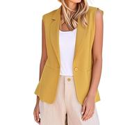 Generisch Gilet da donna senza maniche, elegante tinta unita, con taschino, scollo a V, monopetto, per il tempo libero, da lavoro, da lavoro, giallo., 3XL