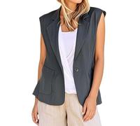Generisch Gilet da donna senza maniche, elegante tinta unita, con taschino, scollo a V, monopetto, per il tempo libero, da lavoro, da lavoro, grigio., XXL