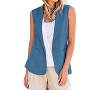 Generisch Gilet da donna senza maniche, elegante tinta unita, con taschino, scollo a V, monopetto, per il tempo libero, da lavoro, da lavoro, Blu, S
