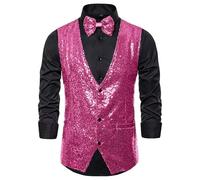 Generisch Gilet da uomo con paillettes e papillon, con scollo a V, classico ed elegante, per lavoro, discoteca, anni '70, feste, matrimoni, palcoscenico, spettacoli, Colore: rosso, 3XL