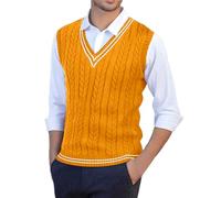 Generisch, Gilet da uomo, in lana spessa, per affari, senza maniche, in stile pullover, con collo a V, casual, motivo argyle, lavorato a maglia, pullover per uomini, giallo., 3XL