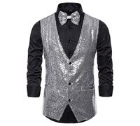 Generisch Gilet da uomo lucido con paillettes scollo a V papillon gilet con paillettes gilet con paillettes showmen carnevale discoteca giubbotto per feste a tema, gilet senza maniche matrimonio