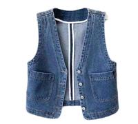 Generisch Gilet di jeans da donna, senza maniche, taglie grandi, per il tempo libero, estivo, in jeans, con scollo a V, con tasche, stile vintage, in denim, Blu, 3XL