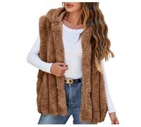 Generisch Gilet in pile artificiale, da donna, in morbido pile, con cappuccio, caldo, senza maniche, in pile, da donna, in finta pelliccia, per l'autunno, per l'inverno, per l'arte, cachi, M