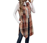 Generisch Gilet Lungo Donna Senza Maniche a Quadri Casual Giacca Ampia Collo Revers Bottoni Tasche Color Block Blazer