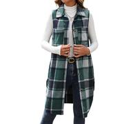 Generisch Gilet Lungo Donna Senza Maniche a Quadri Casual Giacca Ampia Collo Revers Bottoni Tasche Color Block Blazer