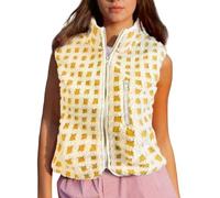 Generisch Gilet Sherpa da donna senza maniche in pile a scacchi con collo alto e cerniera, giubbotto da pranzo di mezzanotte, giallo., S