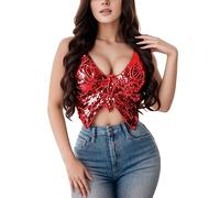 Generisch Gilet Top Sparky Belly Dance Sequin Tank Costume da donna in bendaggio reggiseno, Colore: rosso, Taglia unica