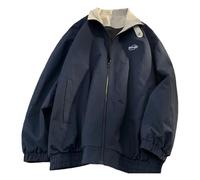 Generisch Giubbotto bomber da donna, stile giapponese, per il tempo libero, per coppie, oversize, giacca da lavoro patchwork stampata, giacca vintage 90S, O blu scuro, M