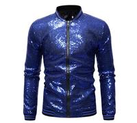 Generisch Giubbotto bomber da uomo con paillettes luccicanti oro glitterato Shiny Sparkly giacca 70 discoteca discoteca festa costume casual carnevale top con tasche giacca da motociclista, Blu, L