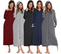 Generisch Gonna da notte lunga da donna con cappuccio e chiusura lampo | Camicia da notte a maniche lunghe con tasche laterali, morbida tuta da casa per casa, dopo la doccia e il sonno