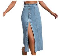 Generisch Gonna in denim da donna con spacco irregolare e vita alta, Blu, L