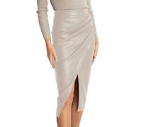 Generisch Gonna midi da donna in ecopelle a vita alta fessura anteriore cerniera posteriore increspata attillata lunga autunno club, beige., XL