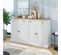 Generisch Grande credenza con 4 ante e 2 cassetti, moderno armadio a buffet per sala da pranzo e soggiorno, 150 x 86 x 40 cm (L/L/H) - (bianco anticato+legno naturale)